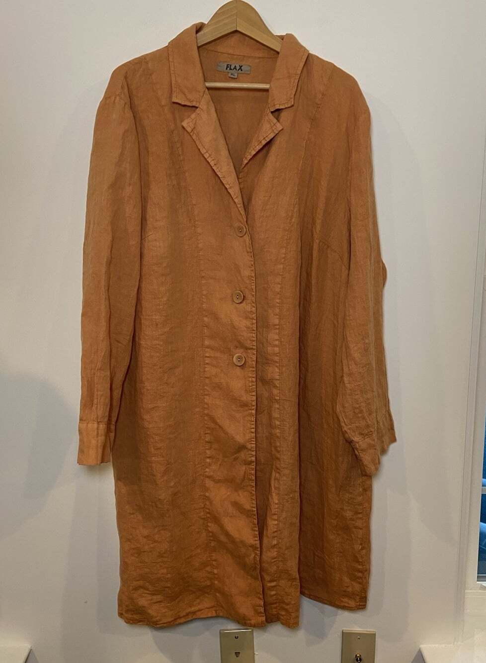 FLAX 100% Linen Duster Jacket Button Front Lagenlook Minimalist Pocket Orange XL